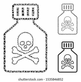 Toxic vial composition of bumpy elements in variable sizes and shades, based on toxic vial icon. Vector tuberous dots are organized into collage. Toxic vial icons collage with dotted pattern.