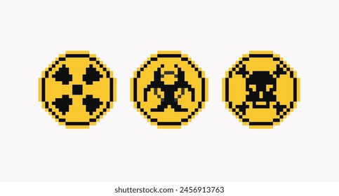 Toxic, virus, radioactive hazard signs pixel art set. Caution, danger warning collection. 8 bit. Game development, mobile app. Isolated vector illustration. 