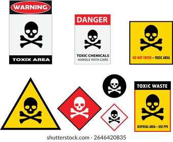 Toxic warning sign bundle featuring skull and crossbones icons in triangle, square, circle, and rectangle layouts—ideal for chemical safety, poison alerts, and hazard labeling.