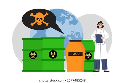 Toxic waste barrels, globe background, scientist holding clipboard. Concept of environmental danger, pollution, hazardous waste. Vector illustration