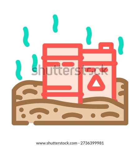 Toxic waste barrels are leaking hazardous chemicals into the soil, causing environmental contamination and emitting harmful fumes into the air, indicating serious ecological damage
