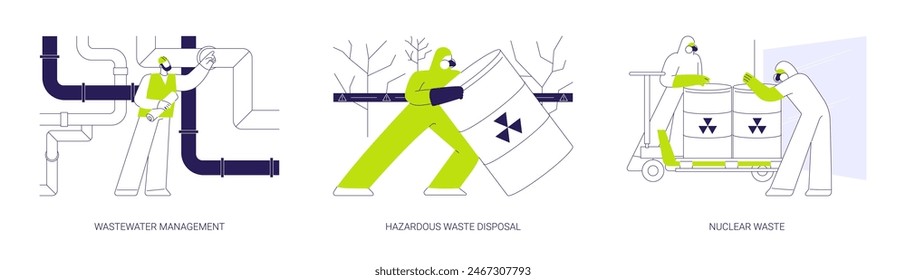 Toxic waste disposal abstract concept vector illustration set. Wastewater management, hazardous rubbish disposal, worker in protective suit deals with radioactive nuclear waste abstract metaphor.