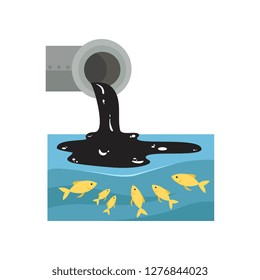 Toxic waste flowing from the pipe and poisoning fish, global environmental problem, ecological disaster vector Illustration on a white background