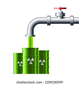 Toxic waste flows from the pipe into green barrels with a sign of radiation vector illustration