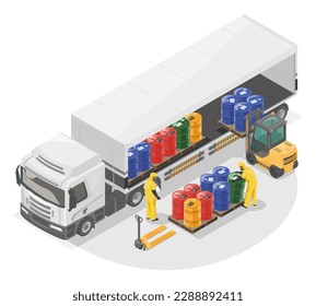 Toxic waste Hazardous Waste Disposal transportation workers in Yellow Hazard Suit moving chemical tank in industry zone to truck illustration isometric isolated cartoon vector