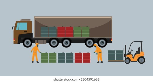 Toxic waste Hazardous Waste Disposal transportation workers in Yellow Hazard 2d vector illustration concept for banner, website, illustration, landing page, flyer, etc.