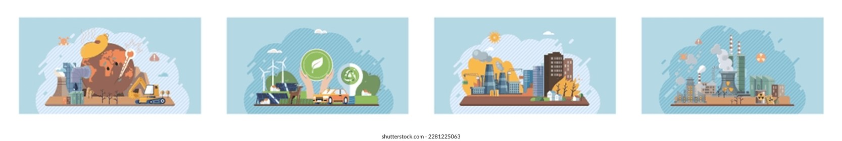 Toxic waste from human set. Industries create pollution and cities affected by pollution. Climate change cycle dried or dry cracked land suffering from drought. Weather global greenhouse warming risks