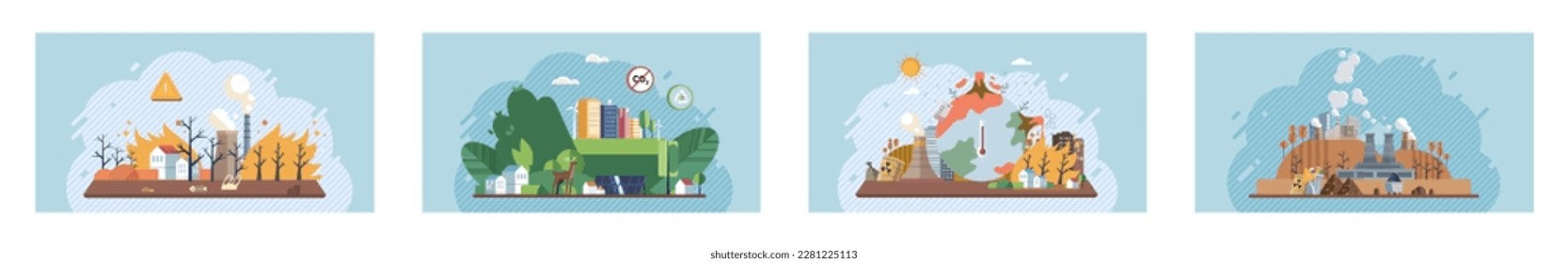 Toxic waste from human set. Industries create pollution and cities affected by pollution. Climate change cycle dried or dry cracked land suffering from drought. Weather global greenhouse warming risks