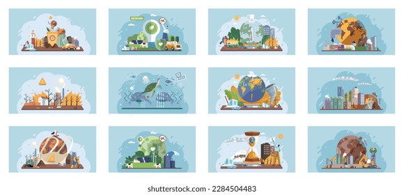 Toxic waste from human set. Industries create pollution and cities affected by pollution. Climate change cycle dried or dry cracked land suffering from drought. Weather global greenhouse warming risks