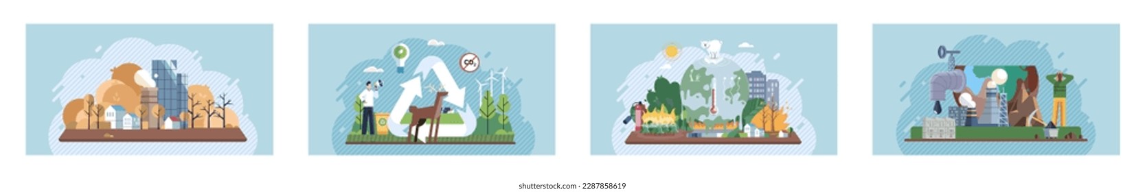 Toxic waste from human set. Industries create pollution and cities affected by pollution. Climate change cycle dried or dry cracked land suffering from drought. Weather global greenhouse warming risks