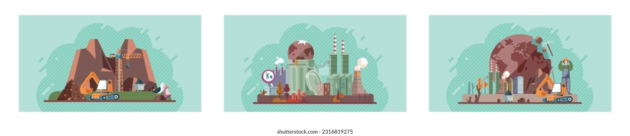 Toxic waste from human set. Industries create pollution and cities affected by pollution. Climate change cycle dried or dry cracked land suffering from drought. Weather global greenhouse warming risks