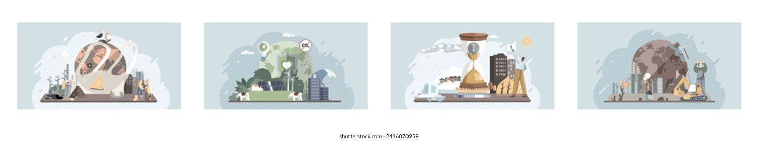 Toxic waste from human set. Industries create pollution and cities affected by pollution. Climate change cycle dried or dry cracked land suffering from drought. Weather global greenhouse warming risks