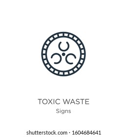 Toxic waste icon. Thin linear toxic waste outline icon isolated on white background from signs collection. Line vector sign, symbol for web and mobile
