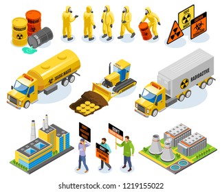 Toxic Waste Isometric Icons With Nuclear Power Plant Biological Infectious Materials Transportation Disposal Environmental Activists Vector Illustration