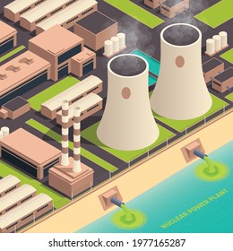 Toxic waste nuclear chemical pollution biohazard composition with nuclear power plant buildings vector illustration