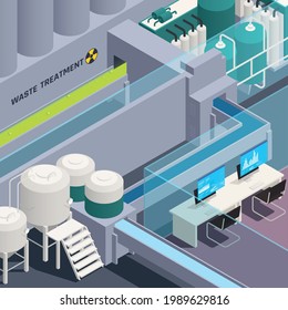 Toxic waste nuclear chemical pollution biohazard isometric colored composition with waste treatment vector illustration