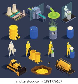 Toxic waste nuclear chemical pollution biohazard isometric icon set isolated and colored vector illustration