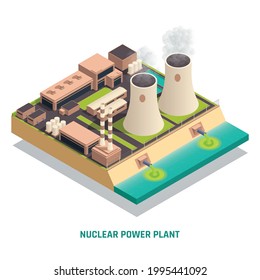 Toxic waste nuclear chemical pollution biohazard isometric concept with nuclear power plant construction vector illustration