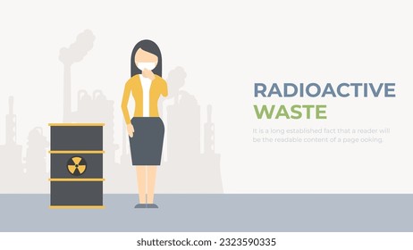 Giftige Abfälle und Strahlungswarnungen, Vektor. Menschen in einer industriell verschmutzten Umwelt. Konzept des Risikos radioaktiver Gefahren.  