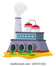 Toxic Waste In The River - Modern Flat Design Style Single Isolated Image. Neat Detailed Image Of An Old Factory Pouring Mud Into The Water. Environmental Pollution, Toxic, Ecological Catastrophe