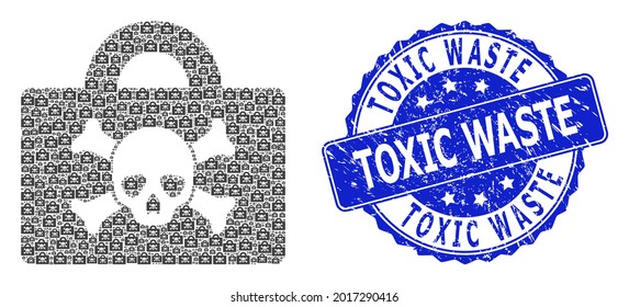 Toxic Waste rubber round seal imitation and vector recursive mosaic mortal case. Blue stamp seal contains Toxic Waste caption inside round shape.