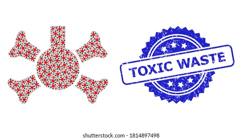 Toxic Waste rubber seal print and vector recursion mosaic poison flask. Blue seal contains Toxic Waste caption inside rosette. Vector mosaic is constructed of recursive rotated poison flask icons.
