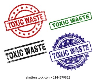 TOXIC WASTE seal prints with corroded style. Black, green,red,blue vector rubber prints of TOXIC WASTE caption with dust style. Rubber seals with round, rectangle, rosette shapes.