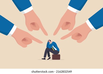 Toxic work, abuse or bullying colleagues, bad culture make exhausted depressed employee, fear of failure and responsibility, giant boss hands pointing and blaming at depressed businessman employee.