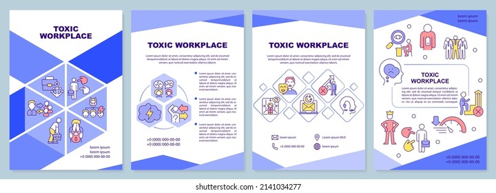 Toxic workplace brochure template. Unhealthy environment. Leaflet design with linear icons. 4 vector layouts for presentation, annual reports. Arial-Black, Myriad Pro-Regular fonts used