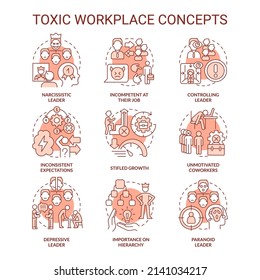 Icons für toxische Arbeitsumgebungen mit rotem Konzept. Toxischer Anführer. Ungesunde Arbeitsumgebungen entwerfen feine Farbillustrationen. Isolierte Symbole. Bearbeitbarer Strich. Verwendung von Roboter-Medium, Myriad Pro-Fett-Schriftarten