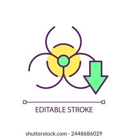 Toxicity decrease RGB color icon. Hazard danger sign. Industrial chemical products. Ecological damage, healthcare. Isolated vector illustration. Simple filled line drawing. Editable stroke