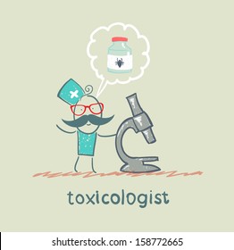 Toxicologist looking through a microscope and thinks about the antidote to spiders