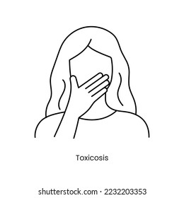 Toxicosis during pregnancy icon line in vector, illustration of a girl who covers her mouth with her hand.