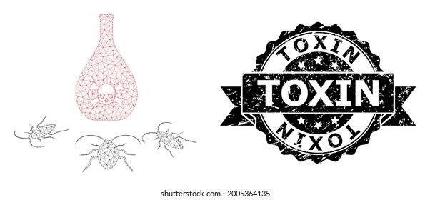 Toxin corroded stamp seal and vector cockroach poison mesh structure. Black seal contains Toxin caption inside ribbon and rosette. Abstract 2d mesh cockroach poison, built from flat mesh.