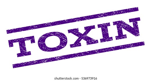 Toxin watermark stamp. Text caption between parallel lines with grunge design style. Rubber seal stamp with dirty texture. Vector indigo blue color ink imprint on a white background.