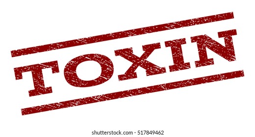 Toxin watermark stamp. Text tag between parallel lines with grunge design style. Rubber seal stamp with dust texture. Vector dark red color ink imprint on a white background.