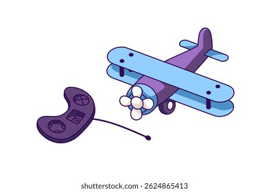 Toy aircraft with remote control. Childish radio controlled plane. Kids airplane with RC. Child plastic aeroplane to play games on playground. Flat isolated vector illustration on white background