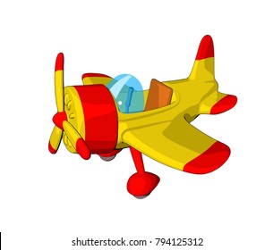 toy airplane caricature deformed yellow red model technique retro style cartoon white background isolate 
