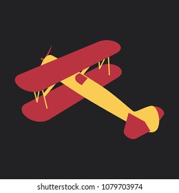 Toy airplane flying in flat style on background