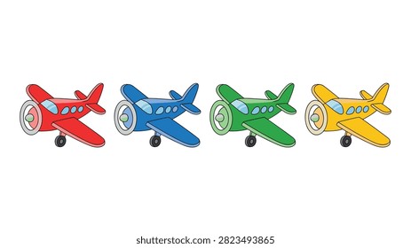 Toy airplane vector set. Four colored propeller planes side view. Aviation transportation illustration for kids.