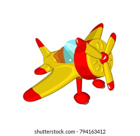 toy airplane yellow red model technique retro style cartoon white background isolate 