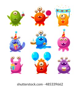 Toy Aliens With Birthday Party Objects Cute Childish Stickers. Cartoon Colorful Alien Characters Isolated On White Background.