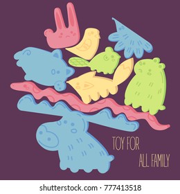 Toy for all family. Balanced animals from wooden game stacked in tower. Pieces of block game for kids. Isolated vector elements on purple background