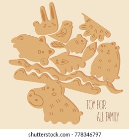 Toy for all family. Balanced animals from wooden game stacked in tower. Pieces of block game for kids. Isolated wooden styled vector elements