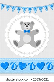 toy animal elegant teddy bear on white doily with flag banner and seamless ribbon blue baby boy room decorative illustration