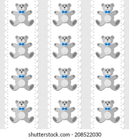 Toy animal elegant teddy bear on white doily vertical ribbon blue baby boy room decorative seamless pattern on light background