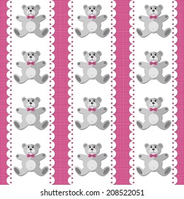 Toy animal elegant teddy bear on white doily vertical ribbon pink baby girl room decorative seamless pattern on pink background