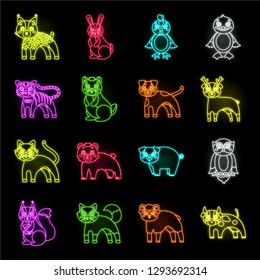 Toy animals neon icons in set collection for design. Bird, predator and herbivore vector symbol stock web illustration.