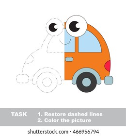 Toy automobile in vector to be traced. Restore dashed line and color the picture. Easy educational kid gaming with simple level of difficulty.