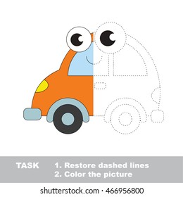 Toy automobile in vector to be traced. Restore dashed line and color the picture. Easy educational kid gaming with simple level of difficulty.